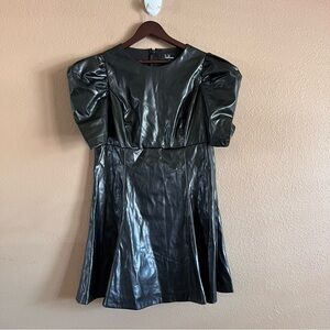 Lulus Add Some Flair Black Vegan Leather Puff Sleeve Mini Dress Size XL NWT